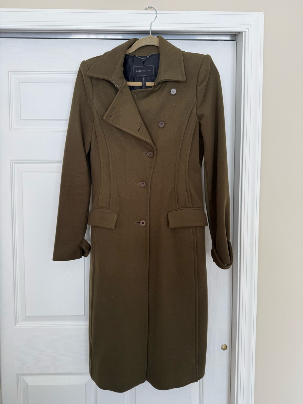 BCBG Women's Olive Green Wool Blend Long Coat